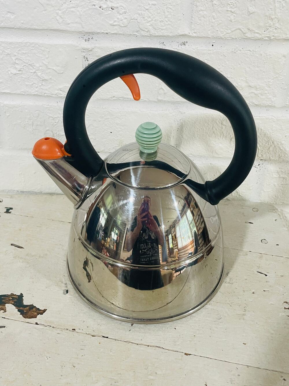 Michael Graves Modern Signed Retro Whistling Tea Kettle Pot Green Orange 18/10
